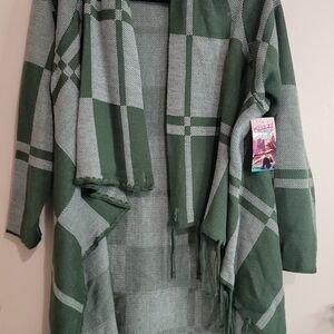 Green Plaid Open Front Cardigan